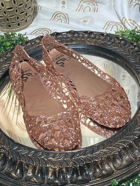 Shiny Rose Gold Jelly Flats - Women's Slip-On Loafers
